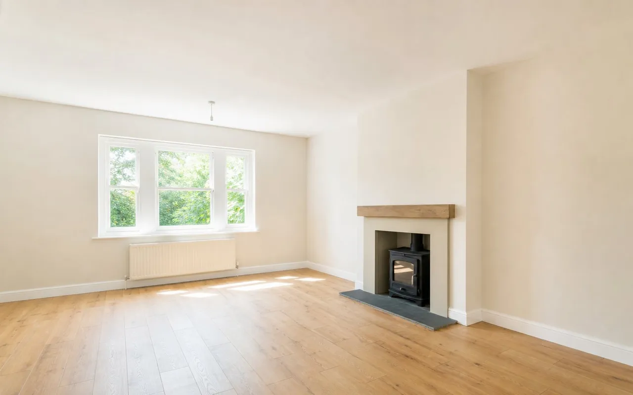 Living room after reskimming and repainting: smooth walls and fresh finish