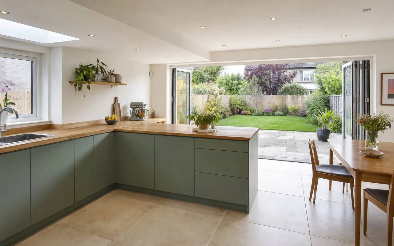 Extended kitchen-diner with bi-fold doors onto the garden after completion