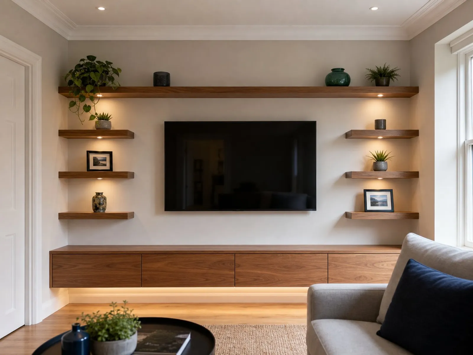 Neatly installed shelving and fixtures with proper fixings