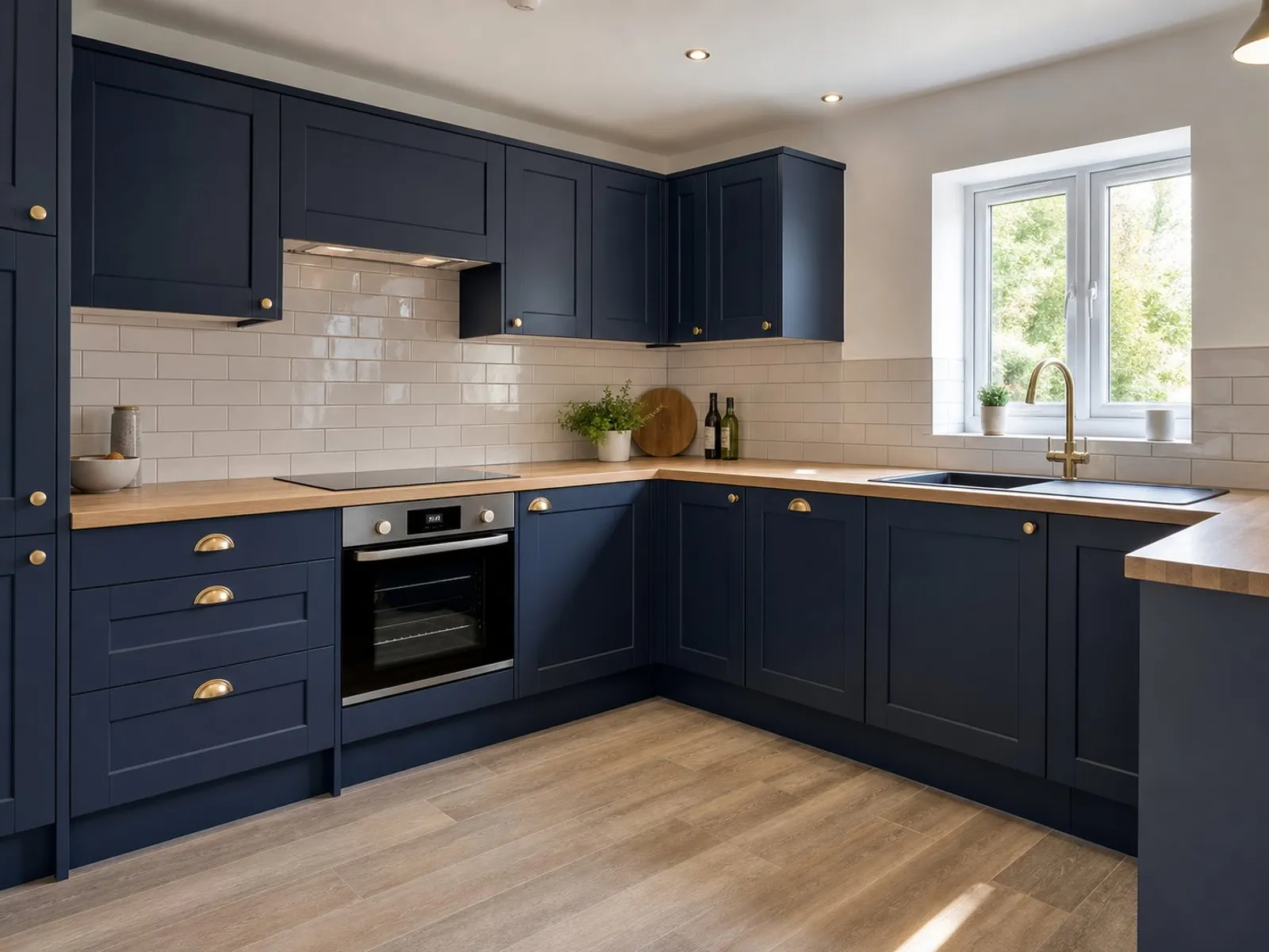 Fitted kitchen with matte navy units and wooden worktop