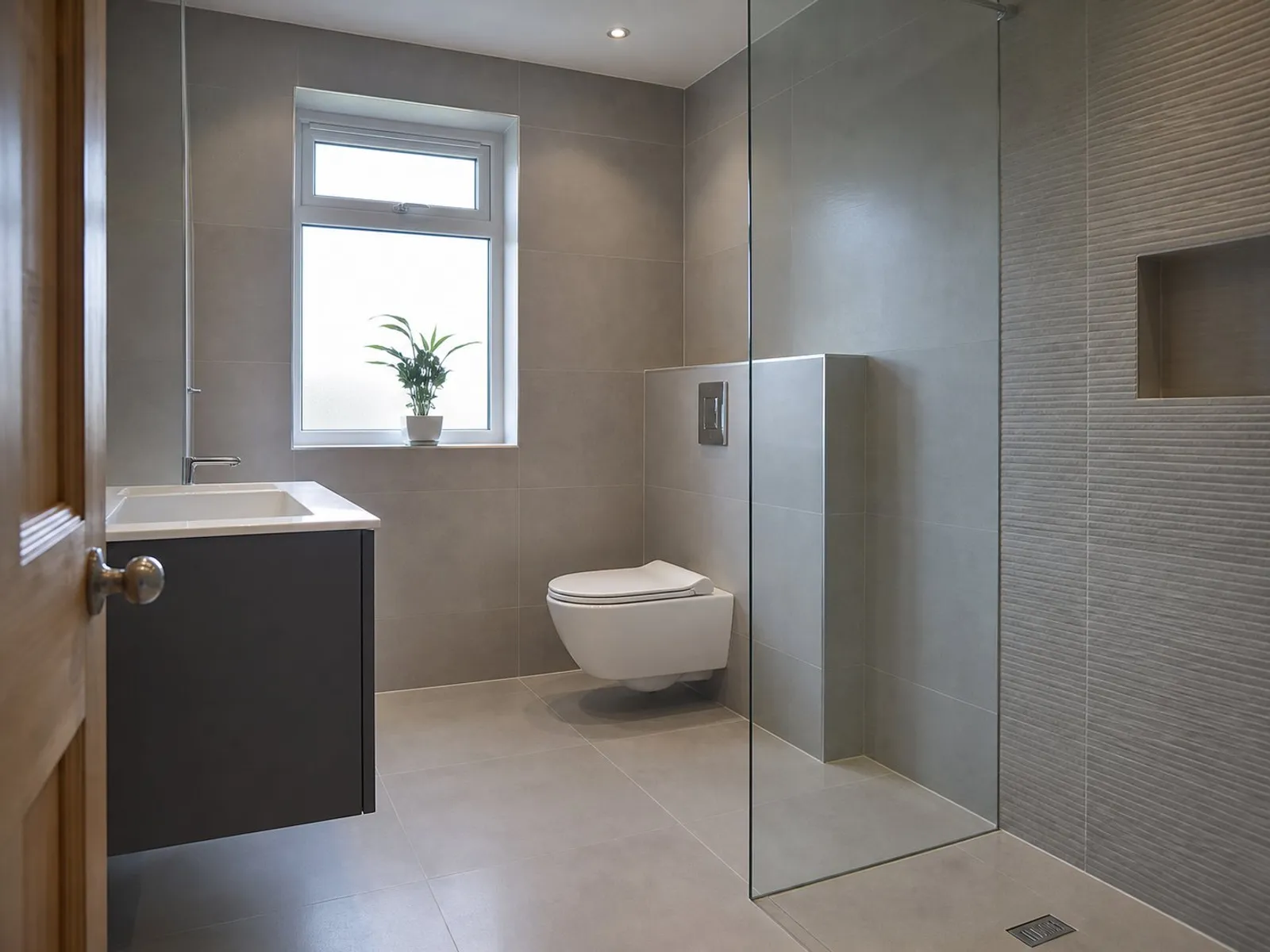 Wall and floor tiling finished with large-format grey porcelain tiles